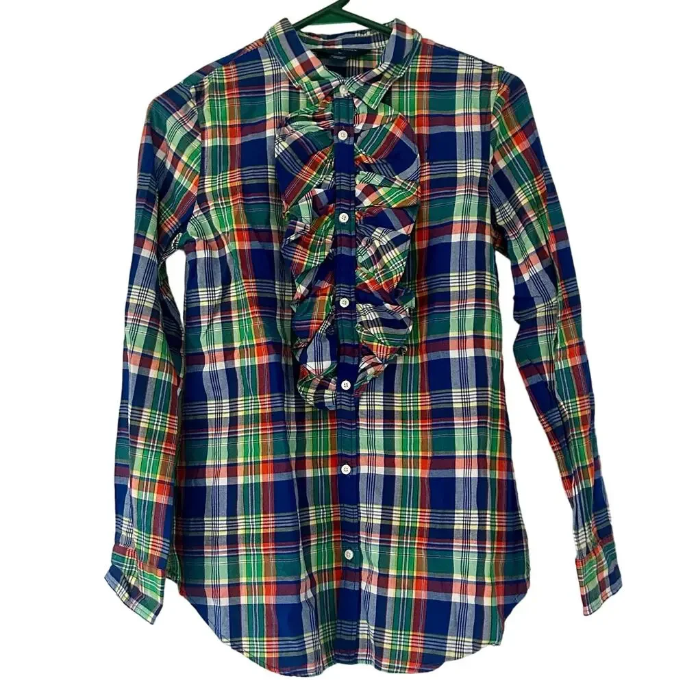 Ralph Lauren Plaid Ruffle Front Button up Shirt girls 16 Preppy Tartan western
